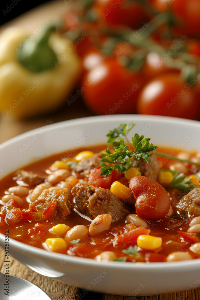 Spicy Mexican soup with meat, beans and tomatoes Spicy Mexican soup with meat, beans and tomatoes