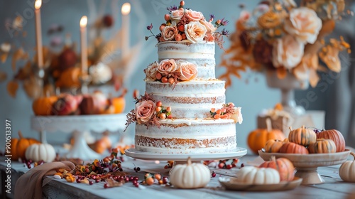 A rustic wedding cake decorated with roses and pumpkins, surrounded by fall foliage and candles.
