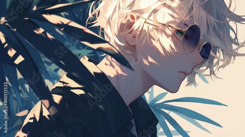 Young man anime style character vector illustration design. Cool boy with white hair and sunglasses.