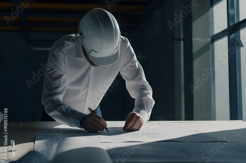 An engineer in a white shirt and safety helmet, captured in perfect 8k resolution, carefully studying architectural drawings at a construction site