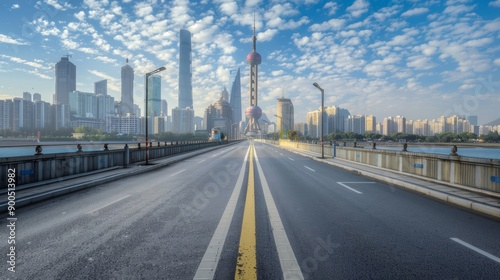 Asphalt road and bridge with modern city buildings scenery in Guangzhou --ar 16:9 Job ID: 154e01cc-ecef-4945-a0bf-ef8d71bb3248