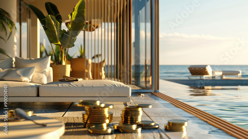 Modern Poolside with Gold Coins at Sunset in a Serene and Splendid Setting