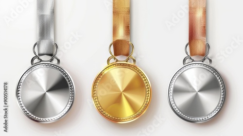 Award golden, silver and bronze blank medals 3d vector realistic illustration. First, second and third place medals or buttons isolated on white background. Quality blank, empty badge, emblem  photo