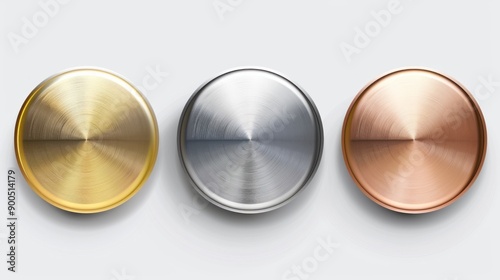 Award golden, silver and bronze blank medals 3d vector realistic illustration. First, second and third place medals or buttons isolated on white background. Quality blank, empty badge, emblem 