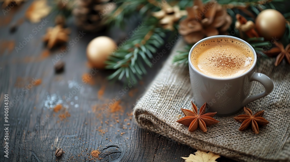 A warm cup of coffee with cinnamon and star anise, surrounded by festive decorations. A warm cup of coffee with cinnamon and star anise, surrounded by festive decorations.