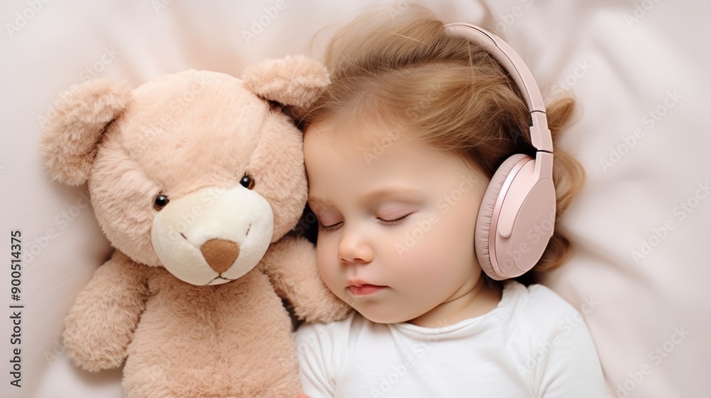 Sweet Dreams: A little girl finds comfort and slumber with her trusty teddy bear and headphones, a serene portrait of childhood tranquility. Sweet Dreams: A little girl finds comfort and slumber with her trusty teddy bear and headphones, a serene portrait of childhood tranquility.