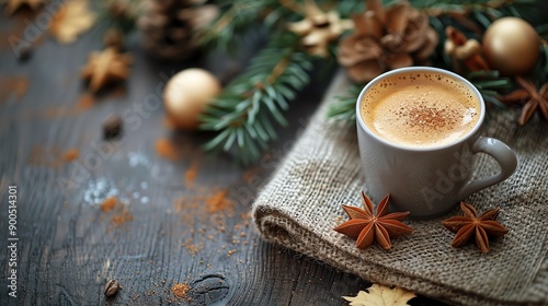 A warm cup of coffee with cinnamon and star anise, surrounded by festive decorations.