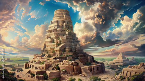 classic traditional oil painting illustration of Tower of Babel