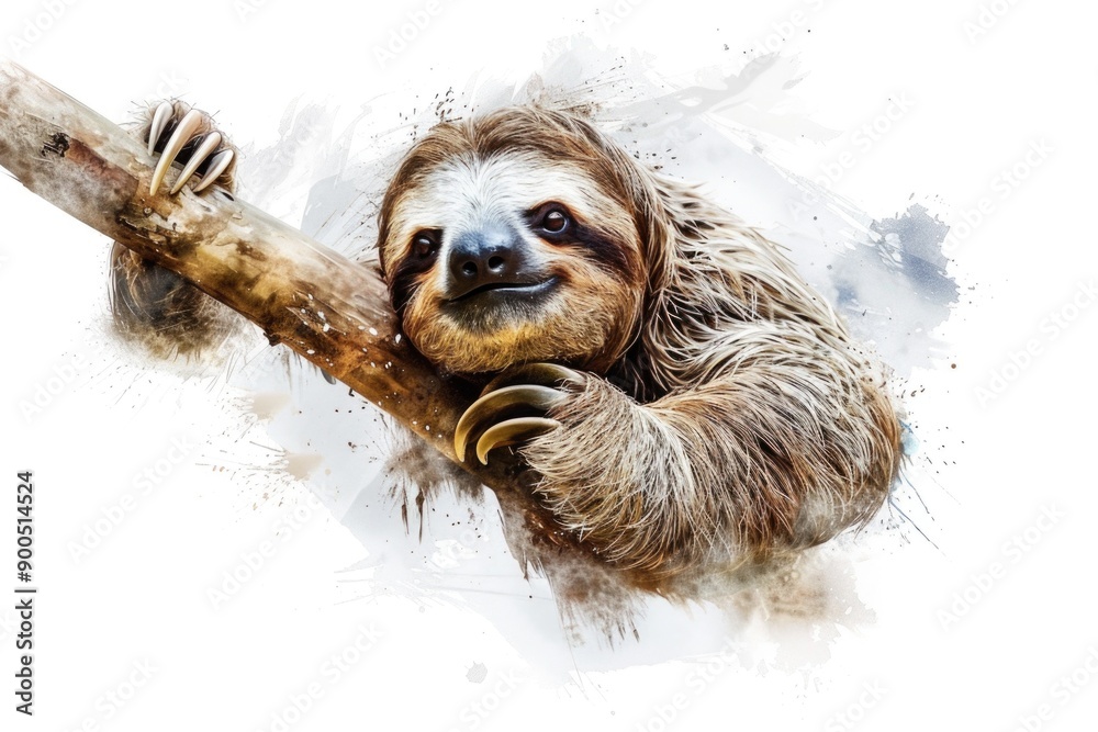 Fototapeta premium A colorful watercolor illustration of a sloth relaxing in the trees, perfect for nature-inspired designs and educational materials
