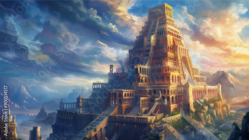 classic traditional oil painting illustration of Tower of Babel