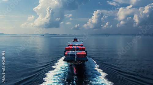 a container ship on a dark blue ocean, international logistics cargo photo