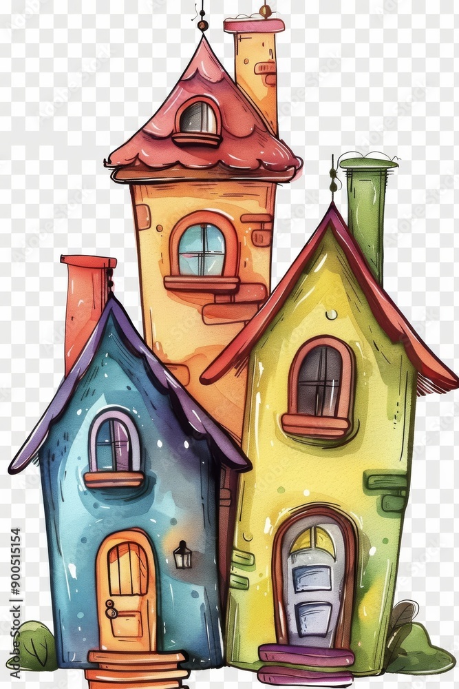 Isolated cutouts of three cartoon or toy houses against a transparent background, adding a playful Isolated cutouts of three cartoon or toy houses against a transparent background, adding a playful