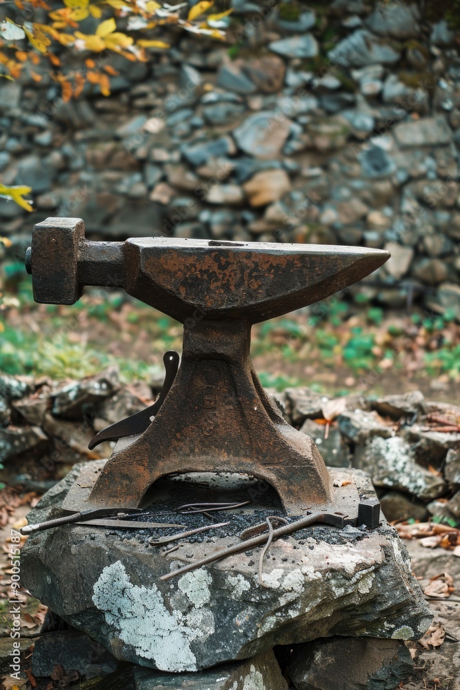 An old anvil sitting atop a rock, perfect for historical or rustic-themed projects An old anvil sitting atop a rock, perfect for historical or rustic-themed projects