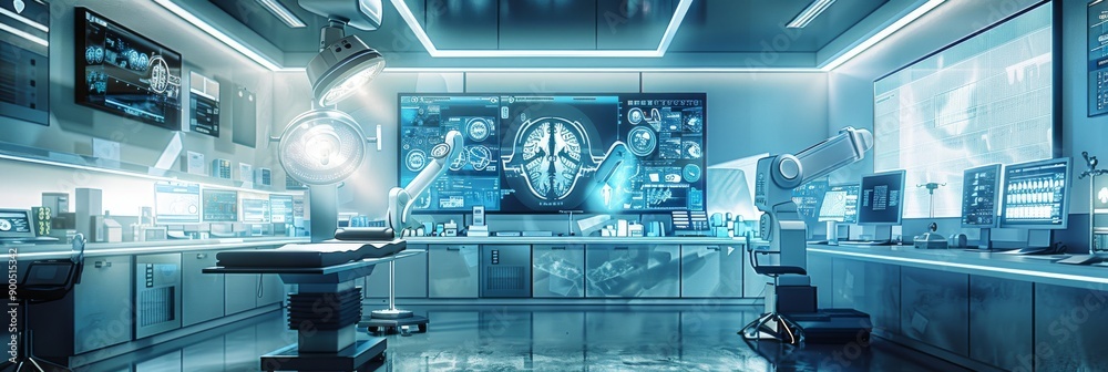 Ultra sharp photo featuring wide banners displaying the future of automated medical healthcare