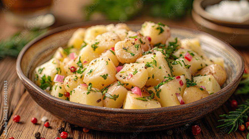 Potato salad with fresh herbs and onions in a rustic bowl
Potato salad with fresh herbs and onions in a rustic bowl