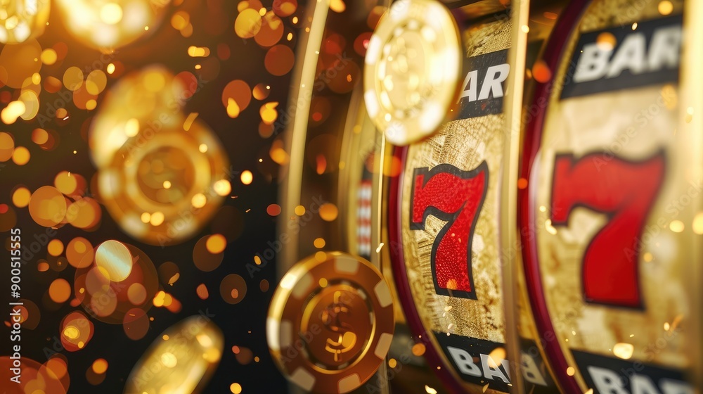 Fototapeta premium Close-Up of Lucky Slot Machine with Three Sevens and Gold Coin Shower