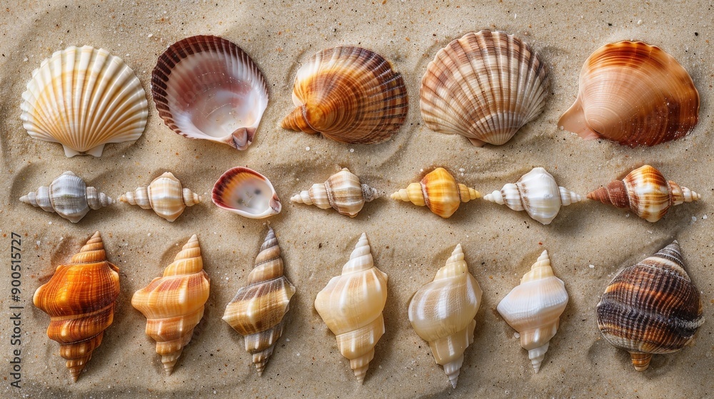 A delightful collection of seashells creates a vibrant pattern against the soft, golden sand of a peaceful beach A delightful collection of seashells creates a vibrant pattern against the soft, golden sand of a peaceful beach