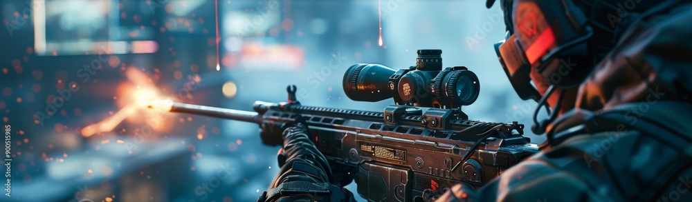 photo illustrating action shooter gameplay in a AAA video game, featuring information datum photo illustrating action shooter gameplay in a AAA video game, featuring information datum