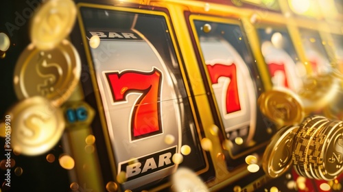 Close-Up of Lucky Slot Machine with Three Sevens and Gold Coin Shower