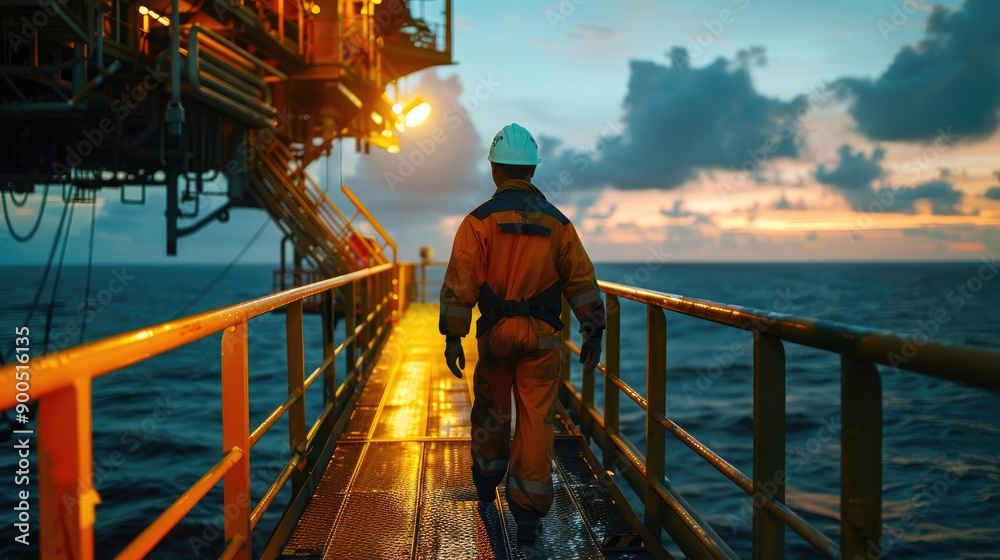Backview Photo of Worker on Oil Rig Platform Backview Photo of Worker on Oil Rig Platform