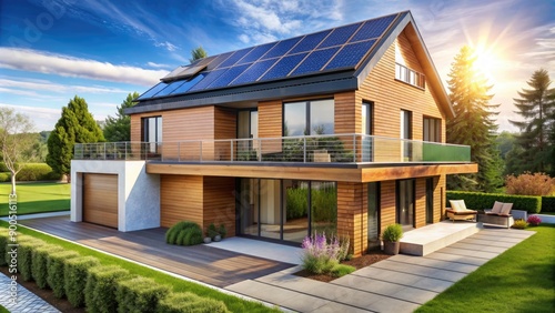 Modern sustainable house with solar panels and recycled materials © Neungrudee