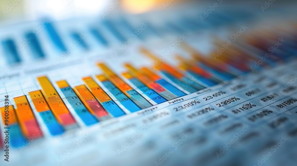 Close-up of Colorful Bar Graph on Paper - Business Chart with Numbers and Percentages - Financial Data and Analytics - Data Visualization Image Close-up of Colorful Bar Graph on Paper - Business Chart with Numbers and Percentages - Financial Data and Analytics - Data Visualization Image