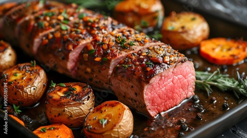 a realistic photo of a juicy and tender pork tenderloin roast, beautifully presented on a serving platter