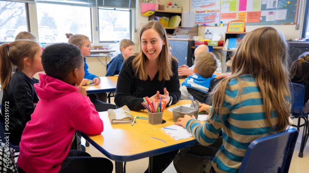 Fototapeta premium Happy Teacher Engaging with Students in Classroom: Teaching and Interaction Theme