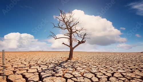 dry cracked land with dead tree and sky in background a concept of global warming