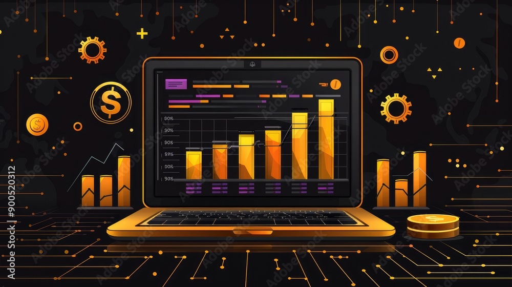 Golden Laptop with Financial Charts and Data Analytics Golden Laptop with Financial Charts and Data Analytics