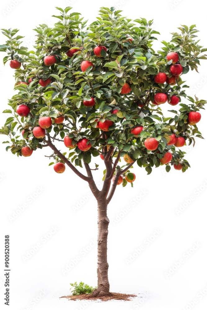 A mature apple tree with ripe red apples hanging from the branches A mature apple tree with ripe red apples hanging from the branches
