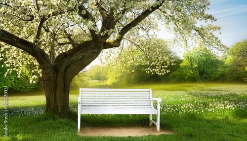 white bench standing under old tree in the parkland on the blooming meadow © Roland