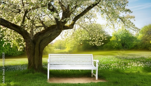 white bench standing under old tree in the parkland on the blooming meadow