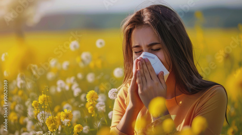 Allergist and Immunologist's Day. the girl is allergic to pollen. A woman in a field with flowers covers her nose
