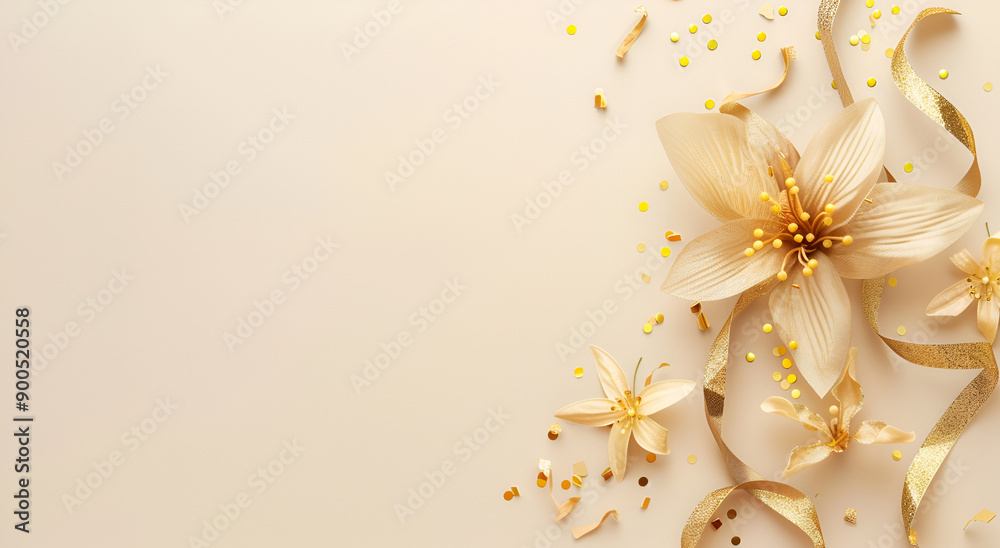 Obraz premium Elegant Beige Flower with Golden Ribbons and Sparkling Confetti on a Neutral Background for Festive and Decorative Celebrations