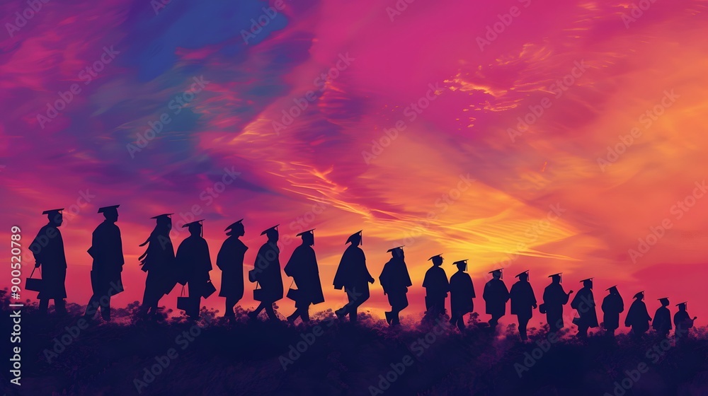 Obraz premium Silhouettes of students with graduate caps in a row on panoramic sunset background. Graduation ceremony at university web banner. 