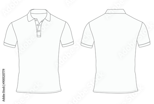 Short Sleeve polo shirt Technical drawing Fashion flat sketch front and back views vector illustration template