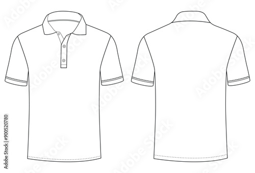 Short Sleeve polo shirt Technical drawing Fashion flat sketch front and back views vector illustration template