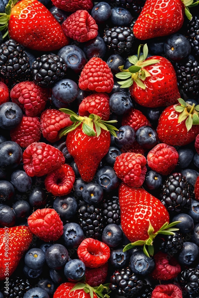Close-up of mixed fresh strawberries and blueberries
