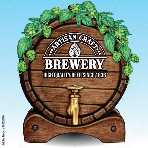 Watercolor hand drawn wooden beer barrel with hops vines