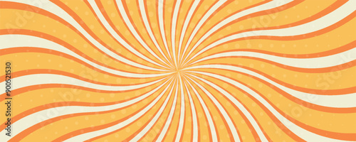 Swirling radial ice cream background. Orange groovy vortex spiral twirl. Twirl sunburst psychedelic pattern. Orange lollipop texture. Swirl candy background. Vector illustration.