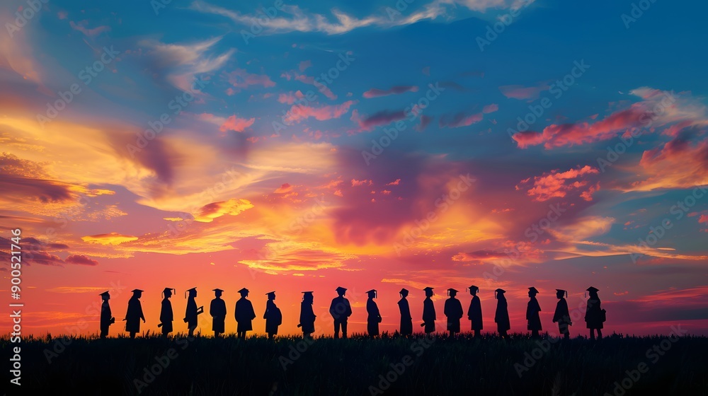 Silhouettes of students with graduate caps in a row on panoramic sunset background. Graduation ceremony at university web banner. Silhouettes of students with graduate caps in a row on panoramic sunset background. Graduation ceremony at university web banner.