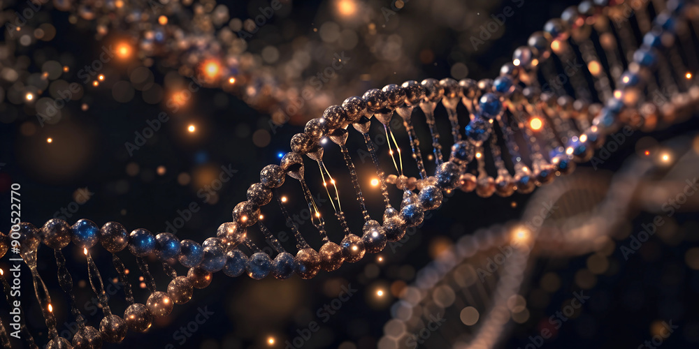 A vibrant DNA double helix with color transitions and a sparkling, bokeh background. - Generative AI A vibrant DNA double helix with color transitions and a sparkling, bokeh background. - Generative AI