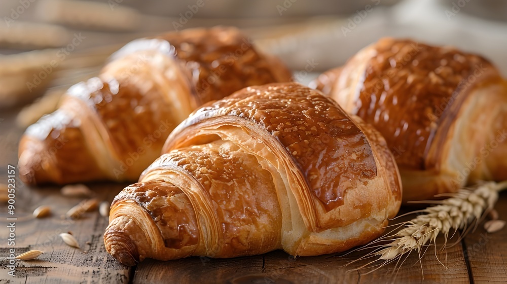 Close-up tasty Freshly Baked Golden Croissants on Wooden Table, home made baked golden croissants. Close-up tasty Freshly Baked Golden Croissants on Wooden Table, home made baked golden croissants.