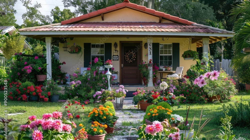 Fototapeta premium Charming small house with a beautiful garden full of colorful flowers, perfect for a serene and picturesque setting.