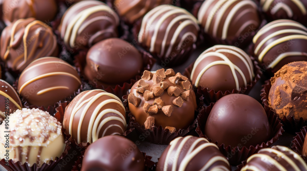 An assortment of chocolate truffles is arranged neatly, featuring various decorations like white chocolate drizzles, sprinkles, and cocoa powder coatings An assortment of chocolate truffles is arranged neatly, featuring various decorations like white chocolate drizzles, sprinkles, and cocoa powder coatings