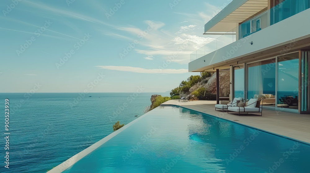 Luxurious seaside villa with infinity pool overlooking the ocean on a sunny day, perfect for relaxation and vacation. Luxurious seaside villa with infinity pool overlooking the ocean on a sunny day, perfect for relaxation and vacation.
