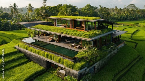Modern eco-friendly villa with lush green rooftops nestled in a scenic rice field landscape, offering serene and sustainable living.