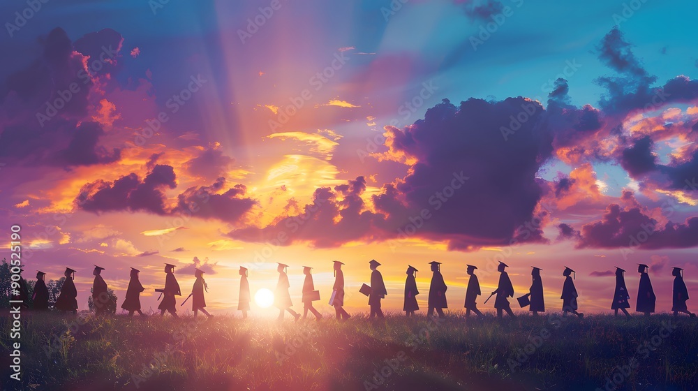 Silhouettes of students with graduate caps in a row on panoramic sunset background. Graduation ceremony at university web banner. Silhouettes of students with graduate caps in a row on panoramic sunset background. Graduation ceremony at university web banner.