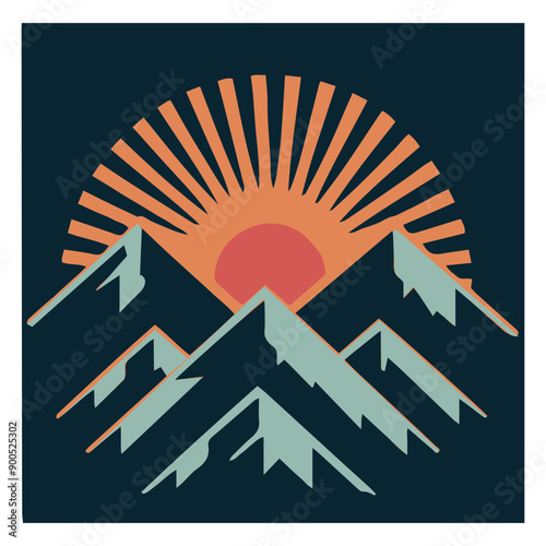 A vibrant, stylized sunrise over a mountain peak, represents the start of a new adventure and the pursuit of less.